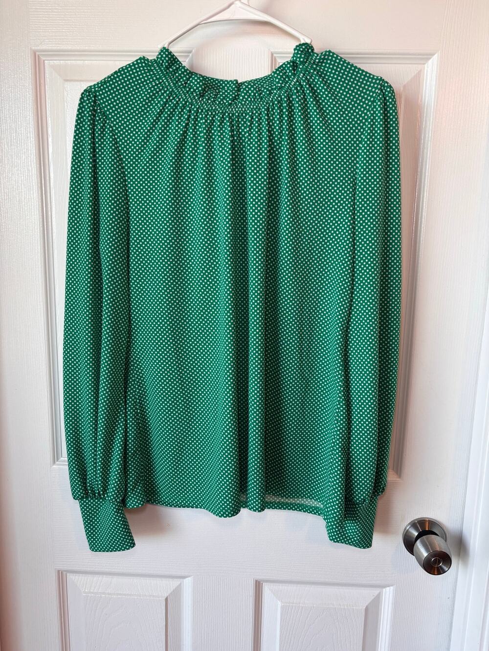 Adrianna Papell Women’s Small Green Polka Dot Ruffle Neck Long Sleeve Blouse